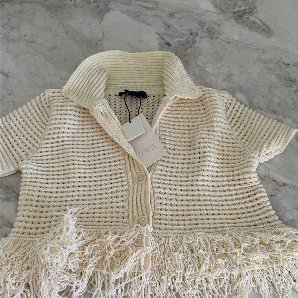 Zara Ivory Knit Fringe Cardigan